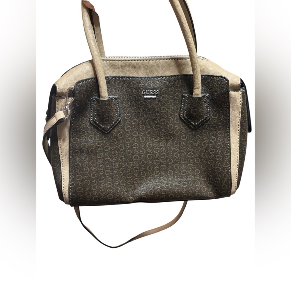 Stylish and Chic GUESS Beige and Black Logo Satchel - Picture 1 of 10